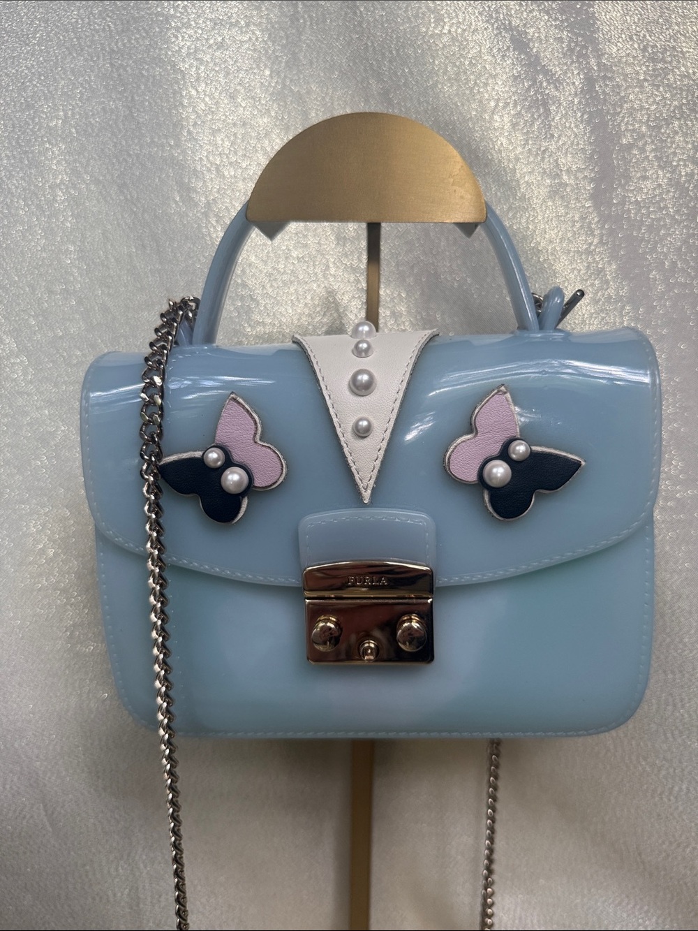 Furla Light Blue Mini Top-Handle Satchel with Butterfly Appliqués - Picture 2 of 3